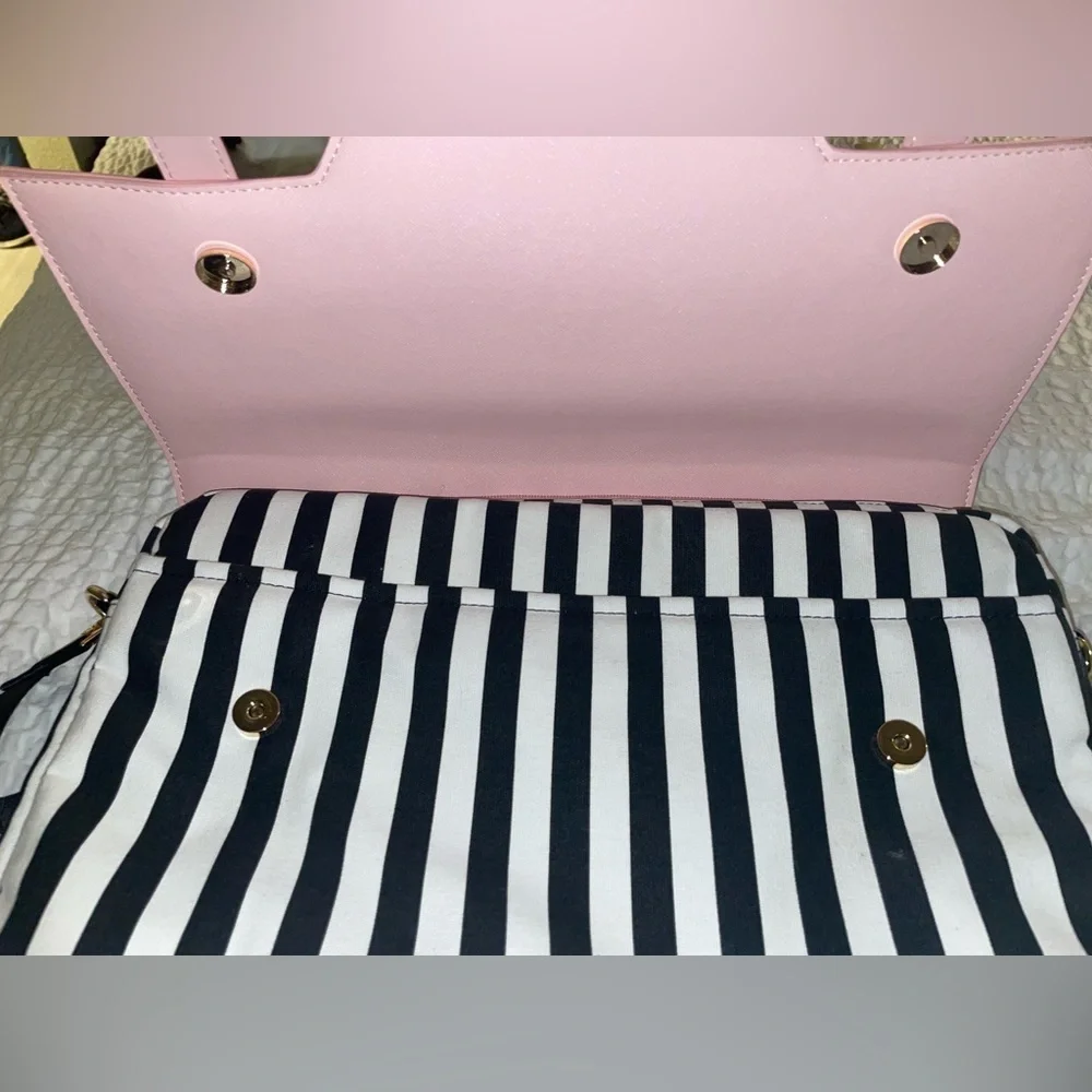 Womens laptop bag w/Pink Bow Top-Handle Satchel with Black & White Stripes